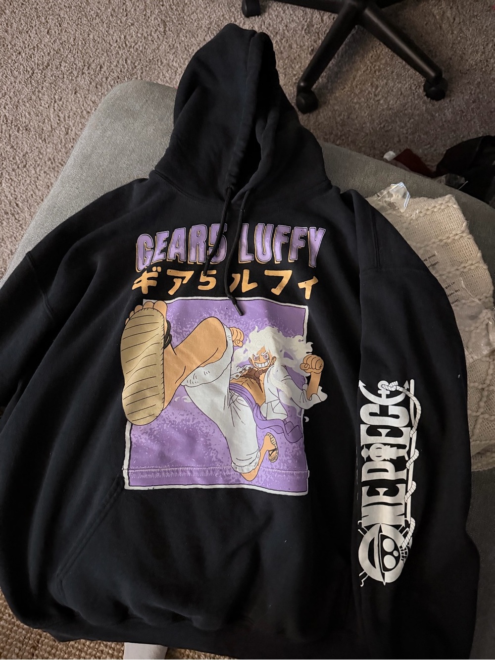 Onepiece Black Crewneck Sweater with Purple & Gold Graphic